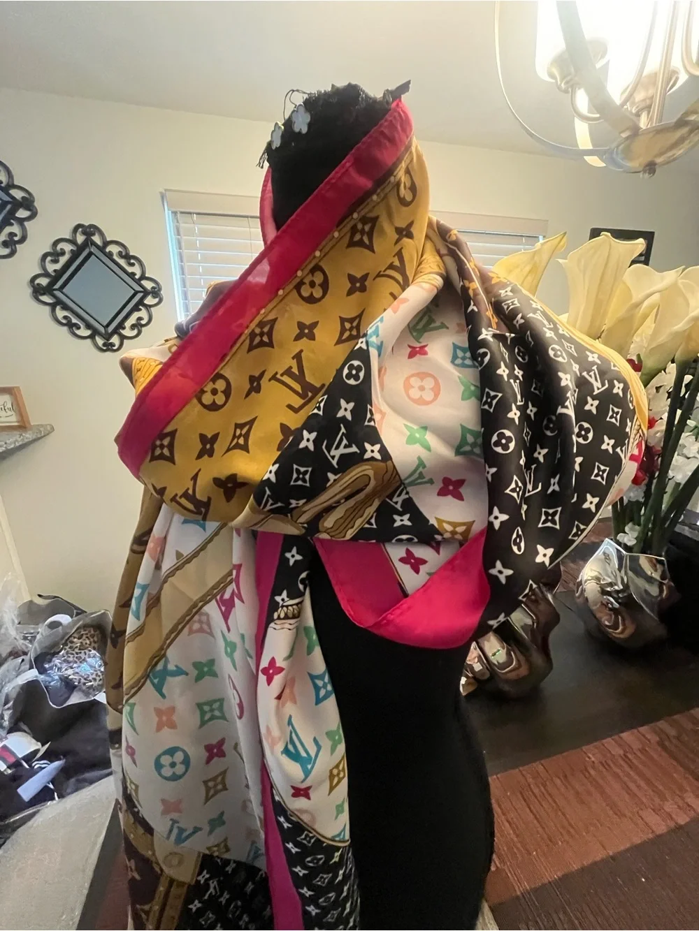 Luxury Monogram Pattern Oversized Scarf - Multicolor with Fuchsia Trim 100% Silk